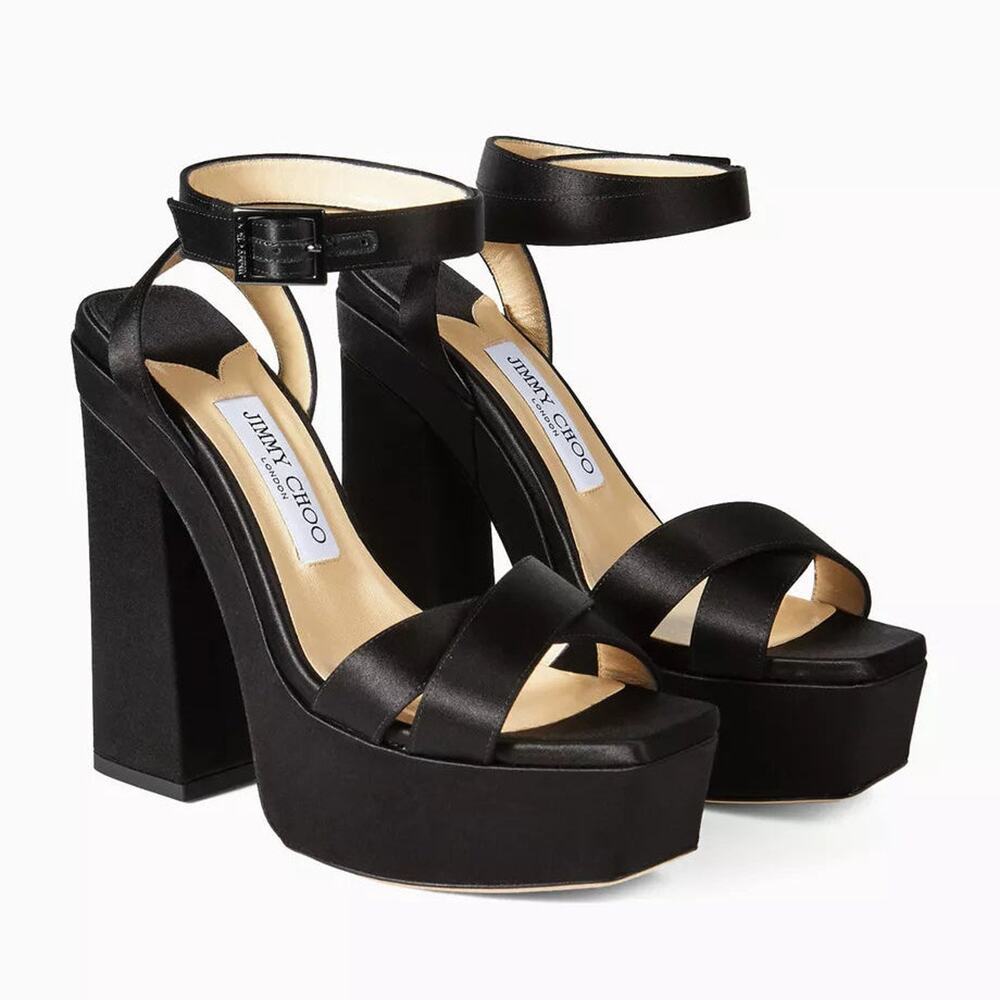 Jimmy Choo Gaia 140 Satin Block Heel Platform Sandals Black Women's EU 40.5